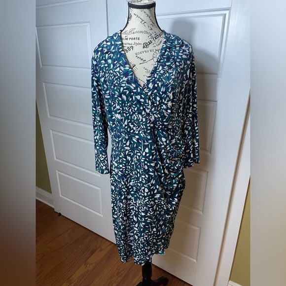 ELIZA J Blue White and Green Faux Wrap Dress Printed 16P - Picture 3 of 7